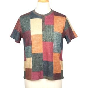 Earthy Multi-Color Patchwork Henley - Textured Knit Short Sleeve Pullover
